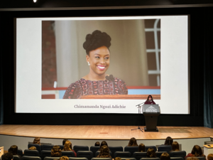 Student presenting a speech originally delivered by Chimamanda Ngozi Adichie